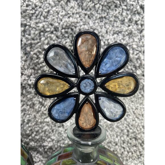Decorative Glass Bottle With a Mosaic Design Flower Shaped Stopper Set Of 2 - Picture 3 of 9
